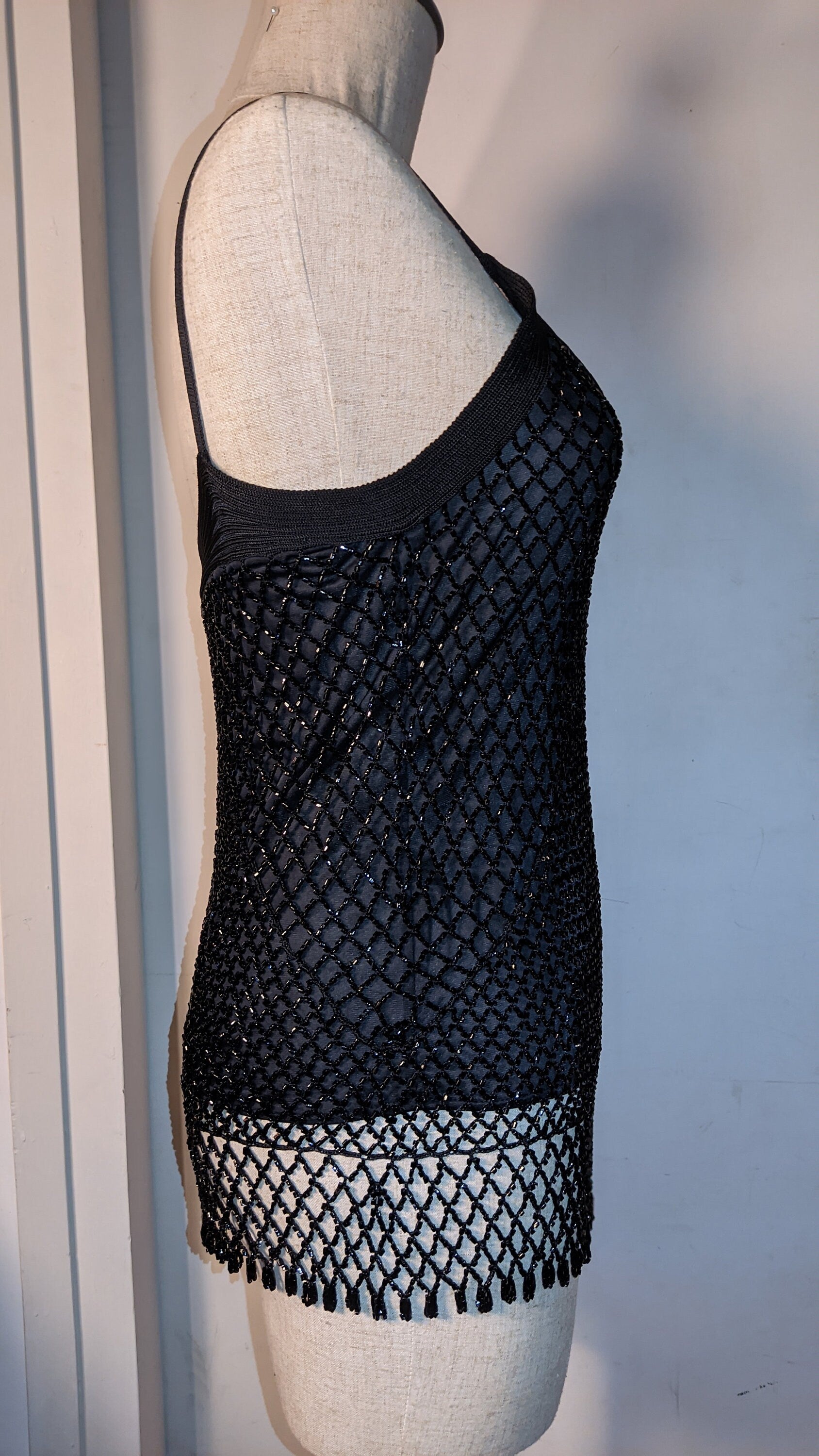 Sample Room Vintage | Black Diagonal lace embroidery sleeveless shirt vest top | intricate shimmering beads | Prom Latin dance glam costume