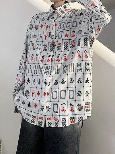 Oversize Long & short Sleeves Mahjong Shirt | BOLD Print on white , Unisex | Mah-Jongg lover perfect gift 熱愛麻雀中發白 - 企直啲 Stand Tall D