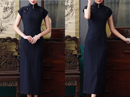 1930s Qipao Dress [Tailor-Made] | Pearl Buttons Bindings | Tencel Viscose | subtle dark grey black dark blue navy | Authentic Cheongsam - 企直啲 Stand Tall D