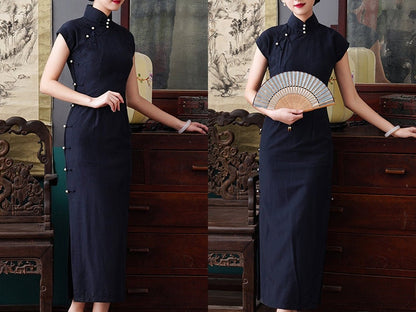 1930s Qipao Dress [Tailor-Made] | Pearl Buttons Bindings | Tencel Viscose | subtle dark grey black dark blue navy | Authentic Cheongsam - 企直啲 Stand Tall D