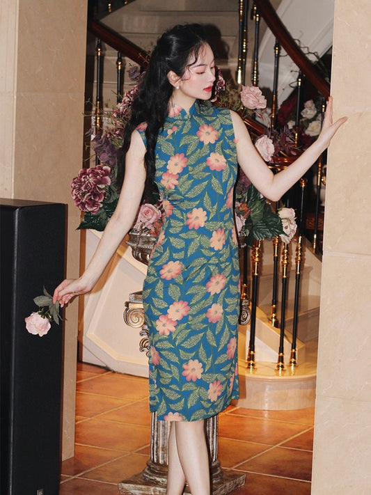 Cheongsam Dress (1960s) Hong Kong Style | Pink lotus green garden on navy water blue Floral printed Chiffon [ Historical inspiration ] - 企直啲 Stand Tall D