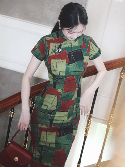 Cheongsam Dress (1960s) | Green lime avocado red geometric abstract square printed Chiffon [ 香港式 Hong Kong Style Historical inspiration ] - 企直啲 Stand Tall D