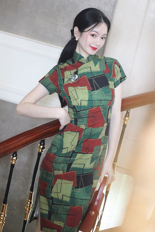 Cheongsam Dress (1960s) | Green lime avocado red geometric abstract square printed Chiffon [ 香港式 Hong Kong Style Historical inspiration ] - 企直啲 Stand Tall D