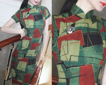 Cheongsam Dress (1960s) | Green lime avocado red geometric abstract square printed Chiffon [ 香港式 Hong Kong Style Historical inspiration ] - 企直啲 Stand Tall D