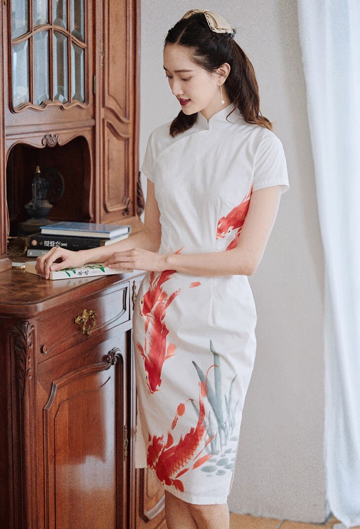 Cheongsam Dress (1960s 香港式) | Koi Goldfish Red orange on White short sleeves printed Cotton [ Hong Kong Style Historical inspiration ]