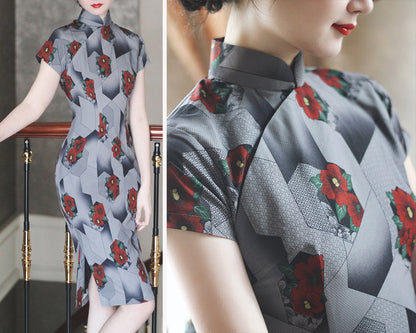 Cheongsam Dress (1960s) | Red flower green gray grey geometric hexagon printed Chiffon [ 香港式 Hong Kong Style Historical inspiration ] - 企直啲 Stand Tall D