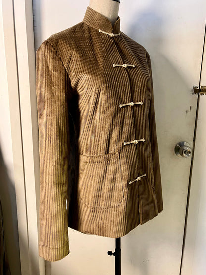 Corduroy Mandarin Jacket  [Tailor-Made] (Bemberg Lined) | Brown stripes texture cotton textile | bespoke MTM make to measure customize - 企直啲 Stand Tall D