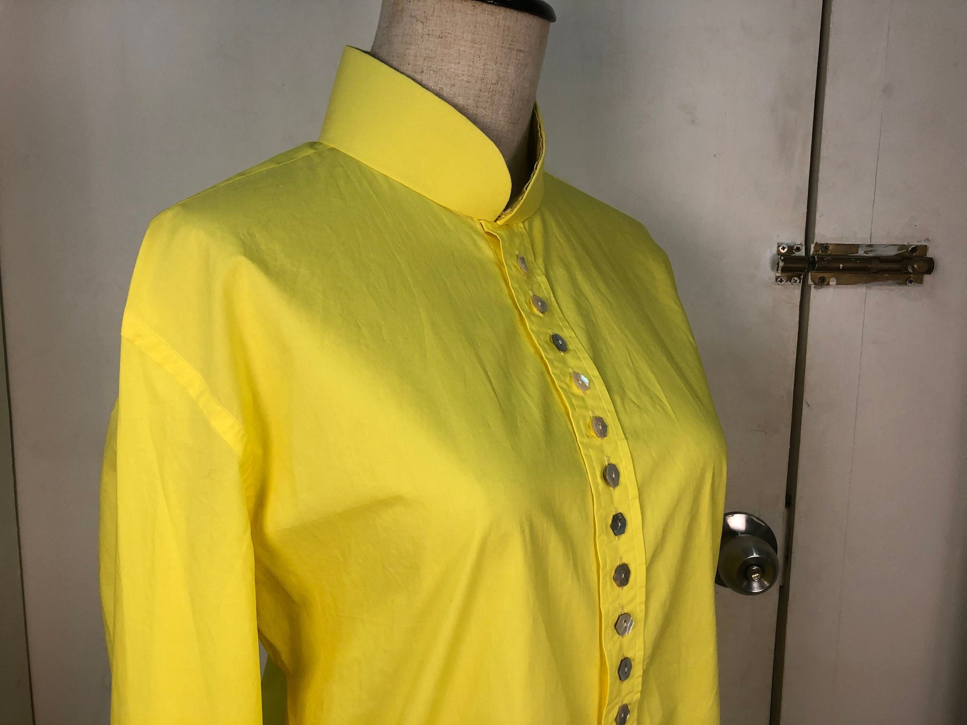 Sample Sale | Shocking yellow cotton shirt with way too many shell MOP buttons | crazy experimental fashion