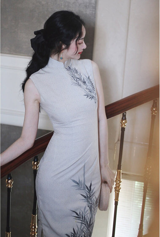 Cheongsam Dress (1950s) Hong Kong Style | Black inkwash watercolour bamboo calligraphy on off White grey Chiffon [ Historical inspiration ] - 企直啲 Stand Tall D