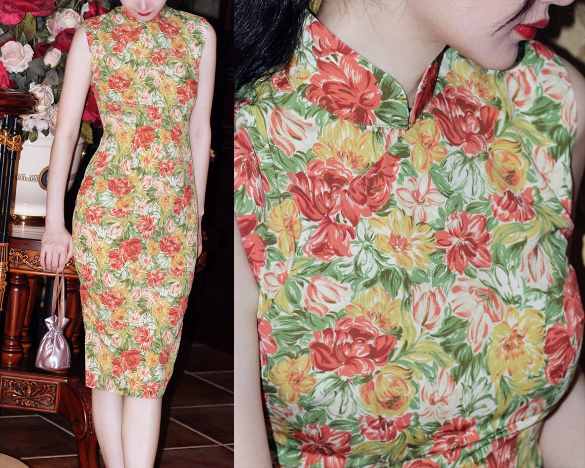 Cheongsam Dress (1960s) Hong Kong Style | Red Yellow flowers on green garden oil painting Floral printed Chiffon [ Historical inspiration ] - 企直啲 Stand Tall D