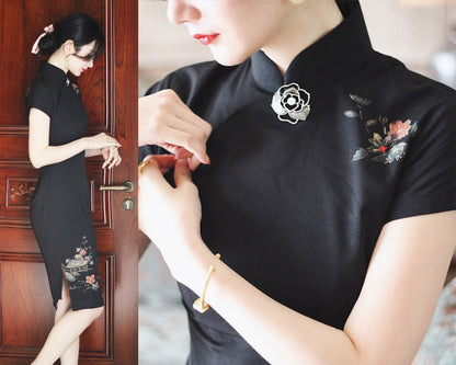 Cheongsam Dress (1960s) | Little Black Dress ink house calligraphy Floral printed Chiffon [ 香港式 Hong Kong Style Historical inspiration ] - 企直啲 Stand Tall D