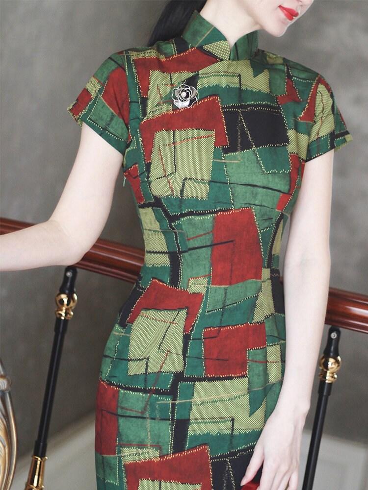 Cheongsam Dress (1960s) | Green lime avocado red geometric abstract square printed Chiffon [ 香港式 Hong Kong Style Historical inspiration ] - 企直啲 Stand Tall D