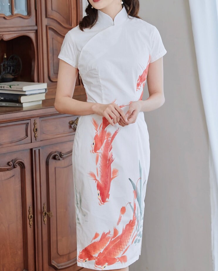 Cheongsam Dress (1960s 香港式) | Koi Goldfish Red orange on White short sleeves printed Cotton [ Hong Kong Style Historical inspiration ]