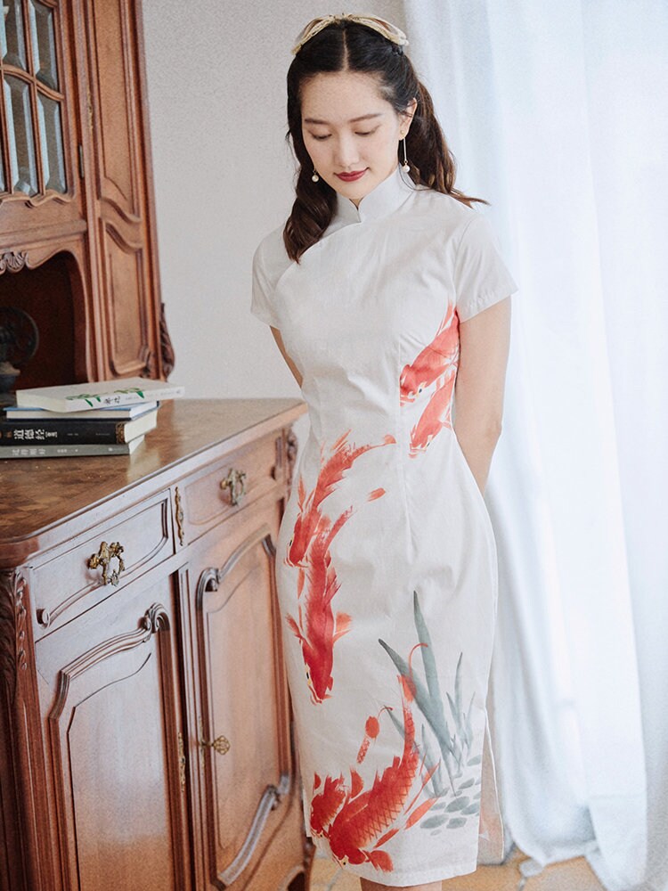 Cheongsam Dress (1960s 香港式) | Koi Goldfish Red orange on White short sleeves printed Cotton [ Hong Kong Style Historical inspiration ]