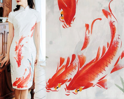 Cheongsam Dress (1960s 香港式) | Koi Goldfish Red orange on White short sleeves printed Cotton [ Hong Kong Style Historical inspiration ]