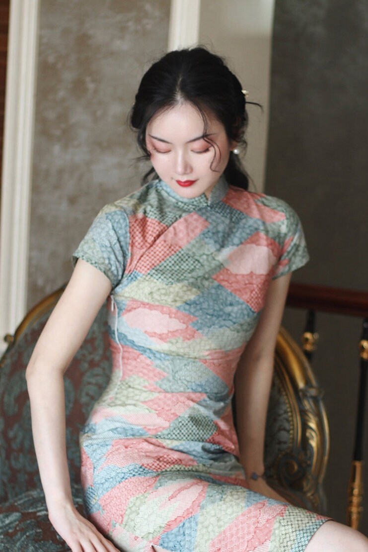 Cheongsam Dress (1960s 香港式) | Floral cloud pattern blue red pink green grey pastel Cotton [ Hong Kong Style Historical inspiration ] - 企直啲 Stand Tall D