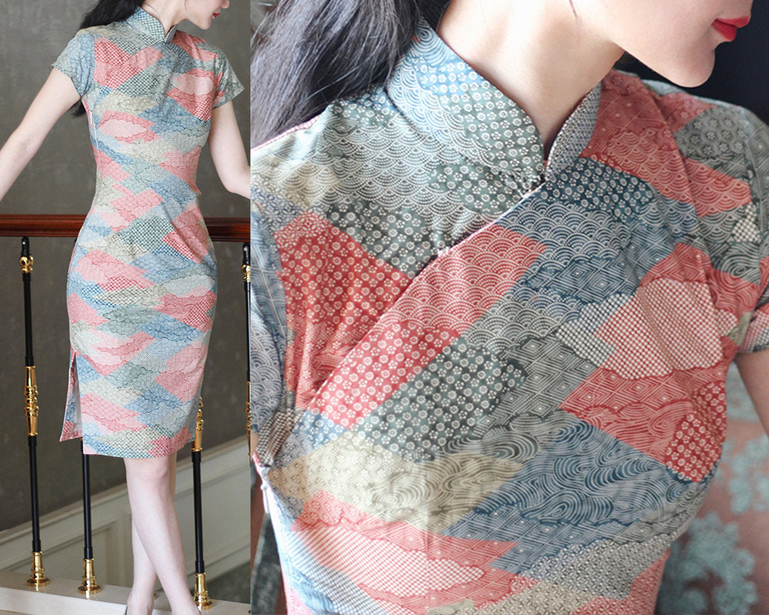 Cheongsam Dress (1960s 香港式) | Floral cloud pattern blue red pink green grey pastel Cotton [ Hong Kong Style Historical inspiration ] - 企直啲 Stand Tall D