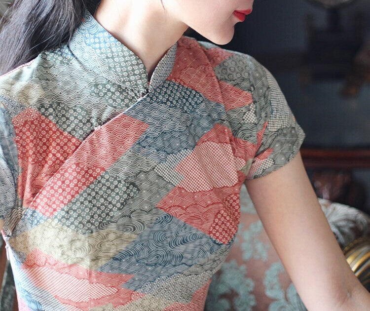 Cheongsam Dress (1960s 香港式) | Floral cloud pattern blue red pink green grey pastel Cotton [ Hong Kong Style Historical inspiration ] - 企直啲 Stand Tall D