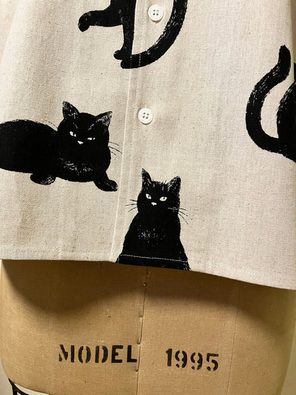 Short Sleeves Aloha Shirt[Tailor-Made] | Japanese black cat neko print Linen cotton | navy blue green white black grey beige khaki - 企直啲 Stand Tall D