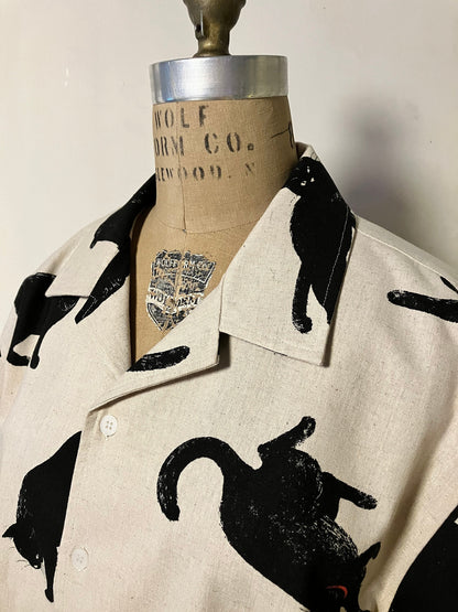 Short Sleeves Aloha Shirt[Tailor-Made] | Japanese black cat neko print Linen cotton | navy blue green white black grey beige khaki - 企直啲 Stand Tall D