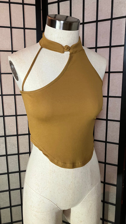 Sexy Qipao / Cheongsam halter tank | beige warm brown khaki | stretchy Jersey elastic comfy y2k euphoria 2000s Paris cute summer crop top