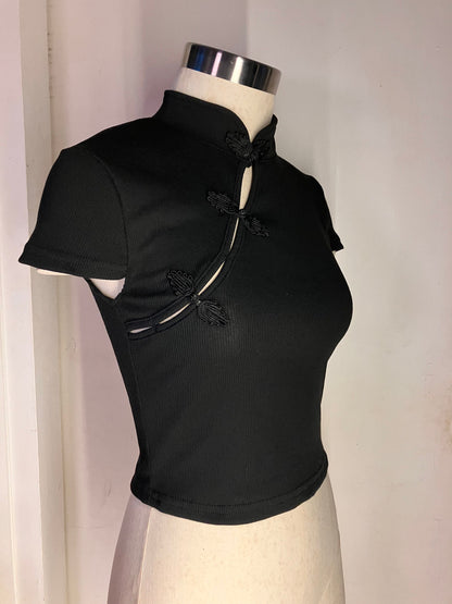 Modern Qipao / Cheongsam halter tank | black grey gray  | stretchy Jersey knit elastic comfy y2k euphoria 2000s cropped cute summer crop top - 企直啲 Stand Tall D