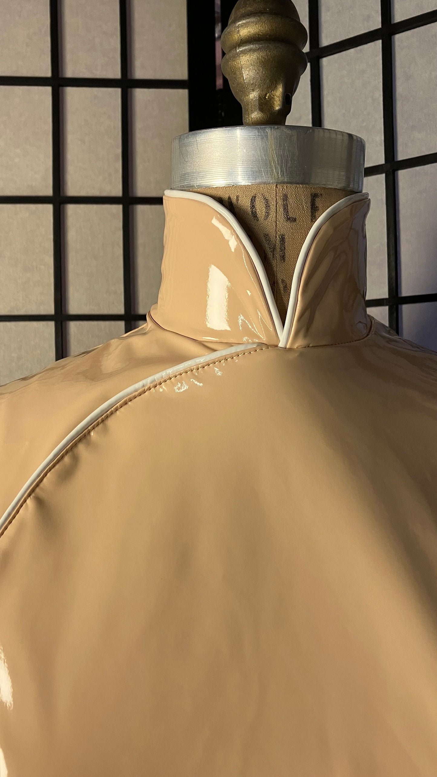 Custom Tailor Made》Shiny Stretch wet look Vinyl PU CheongSam｜nude beige｜Mistress BDSM Latex inspired PVC faux leather｜Fetish Qipao dress - 企直啲 Stand Tall D