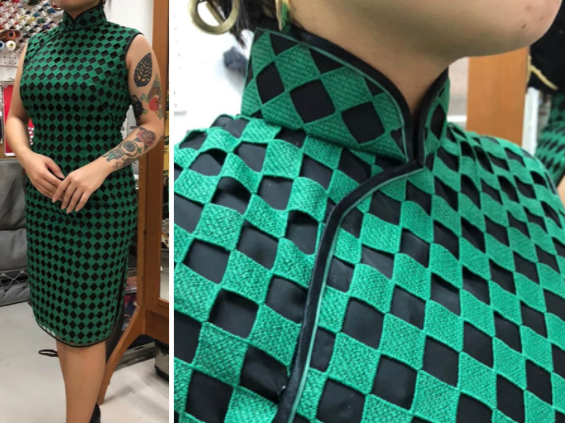 🪡 Traditional Green Checker Lace Double-binded Cheongsam - 企直啲 Stand Tall D