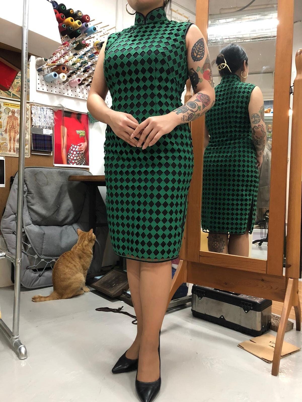 🪡 Traditional Green Checker Lace Double-binded Cheongsam - 企直啲 Stand Tall D