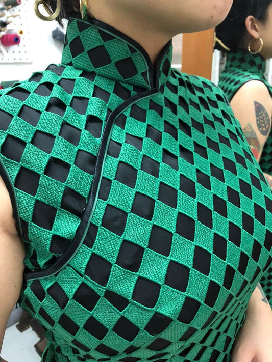 🪡 Traditional Green Checker Lace Double-binded Cheongsam - 企直啲 Stand Tall D